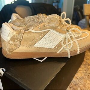 ShuShop Cream and White Women's Sneakers with Pearl Detail